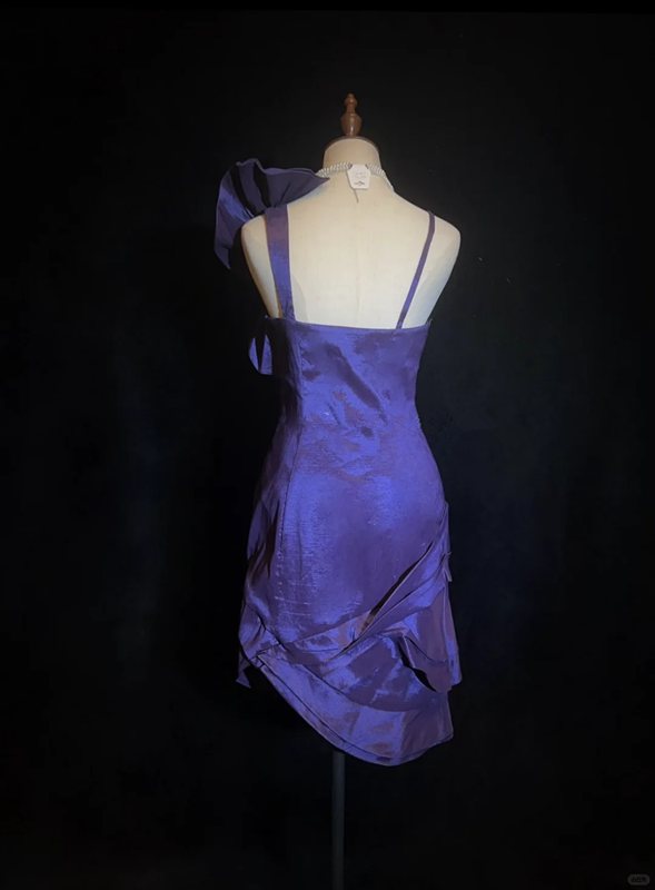 Dark purple suspender asymmetrical three-dimensional flower satin waist slim skirt homecoming dress R4976