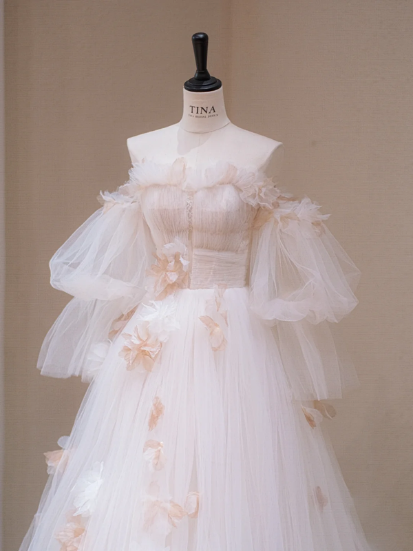 White Strapless One Shoulder Waist Floral Slim Fit A-Line Long Dress Bridal Gown R5714