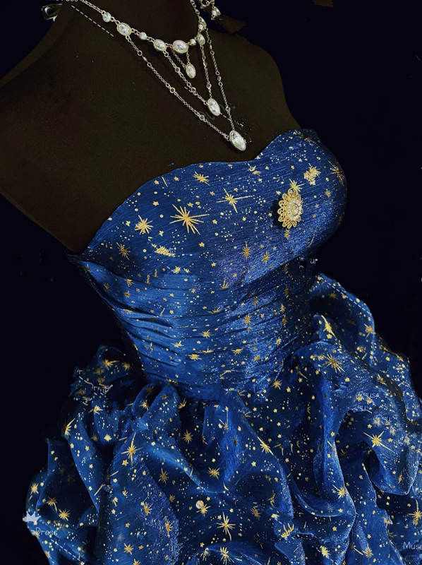 Dark blue tube top star pattern waist slimming flower bud skirt puffy short skirt homecoming dress R4935