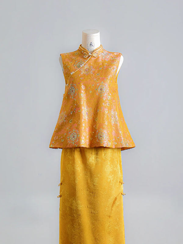 Gold Chinese-style neckline fitted top and skirt set, ball gown, bridal dress R8134