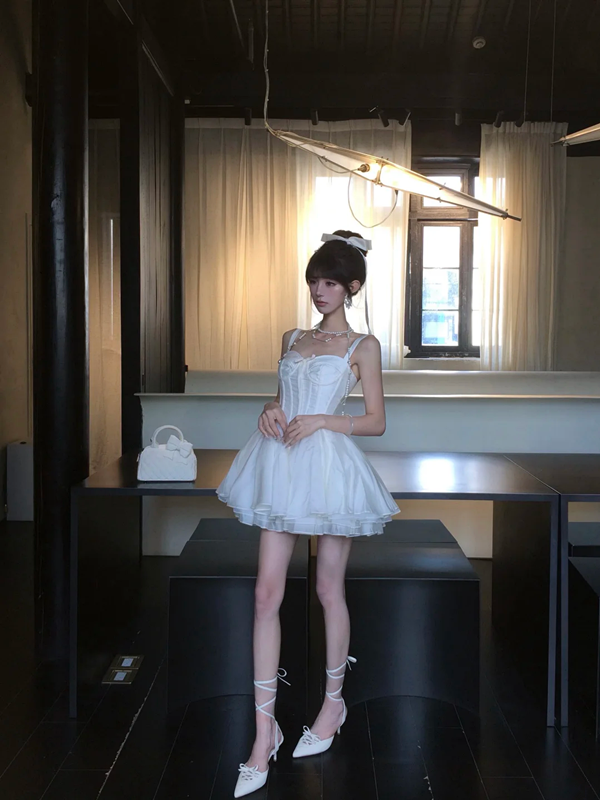 White suspenders waist sexy puffy skirt homecoming dress R5057