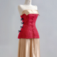 Red strapless fitted top with a gold midi skirt, long ball gown R8184