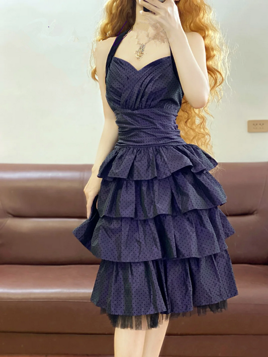 Navy Blue Halter Neck Waist-Cinched Tiered Skirt Ball Gown, Bridal Gown R7353