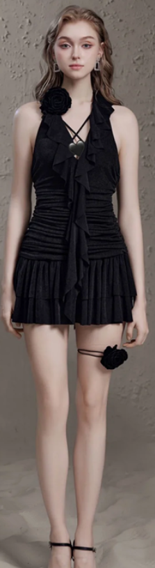 Black rose halter neck pleated waist slim fit elegant short skirt homecoming dress R4688