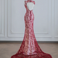 Red lace Chinese-style neckline, fitted waist, bodycon ball gown, bridal gown R8212