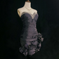 Black tube top diamond waist pleated skirt flower design short dress homecoming dress R4895