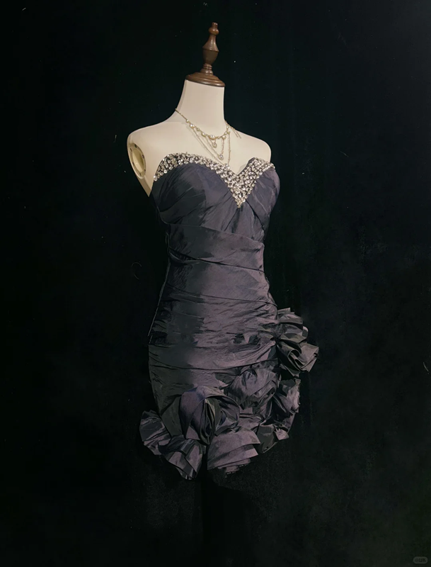 Black tube top diamond waist pleated skirt flower design short dress homecoming dress R4895