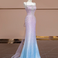 Light pink and blue gradient strapless waist-cinching bodycon sexy prom dress R8355