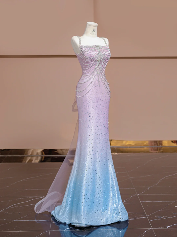 Light pink and blue gradient strapless waist-cinching bodycon sexy prom dress R8355