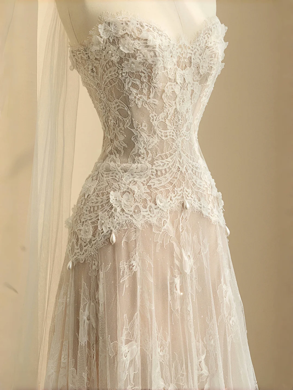 Apricot lace tube top slim waist A-line maxi skirt, prom dress R5673