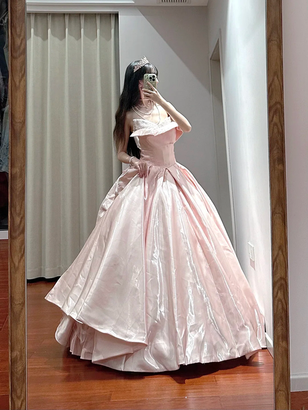 Light pink strapless fitted waist slim-fitting ball gown/bridal dress R8631