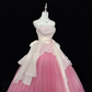 White strapless fitted waist, pink tulle skirt, long ball gown R9054