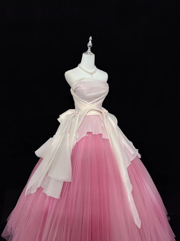 White strapless fitted waist, pink tulle skirt, long ball gown R9054