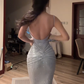 Light gray halter-neck fitted long sexy ball gown R7547
