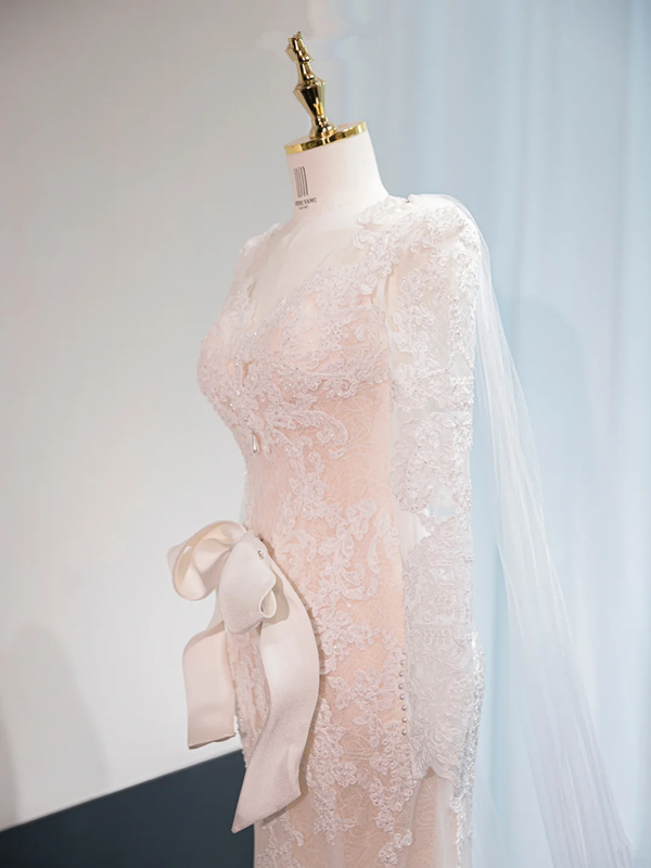 Light apricot V-neck fitted waist bodycon long ball gown, bridal dress R8994
