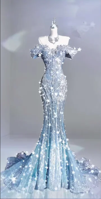 Light Blue Off-the-Shoulder Waist-Cinched Slim-Fit Crystal-Embellished Sexy & Luxe Ball Gown R7146