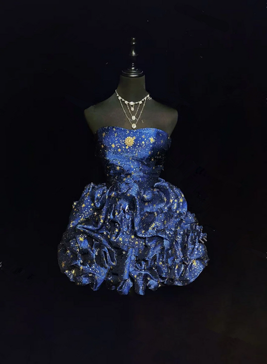 Dark blue tube top star pattern waist slimming flower bud skirt puffy short skirt homecoming dress R4935