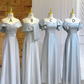 Light blue satin waist-cinched and figure-flattering ball gown, bridesmaid dress R5949