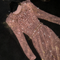 Rose gold sequined round neck fitted waist long ball gown, bridal dress R8784