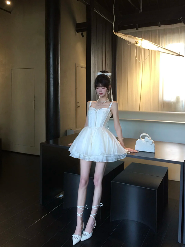 White suspenders waist sexy puffy skirt homecoming dress R5057