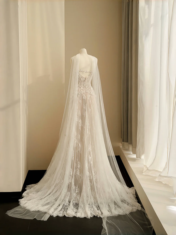 Apricot lace tube top slim waist A-line maxi skirt, prom dress R5673