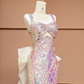 Light purple halter-neck fitted long ball gown R8413