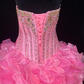Pink strapless, fitted waist, full skirt, long ball gown R8695