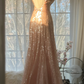 Light pink halter-neck low-cut fitted long ball gown R7703