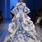 Blue halter neck off-shoulder sexy waist slim fit puffy skirt dress, prom dress R5358