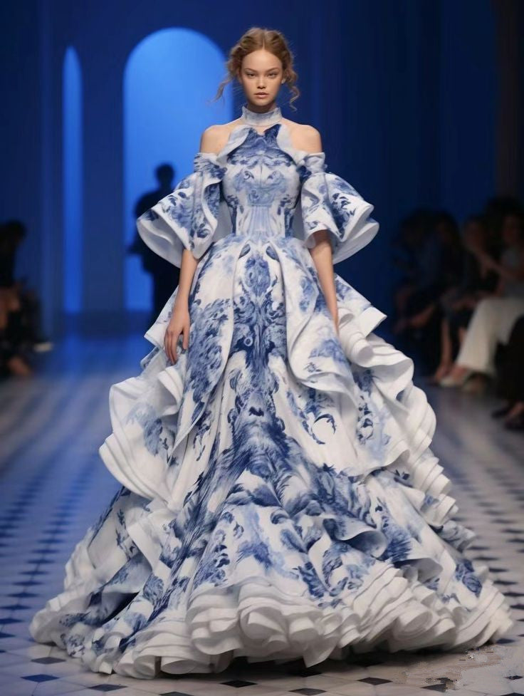 Blue halter neck off-shoulder sexy waist slim fit puffy skirt dress, prom dress R5358