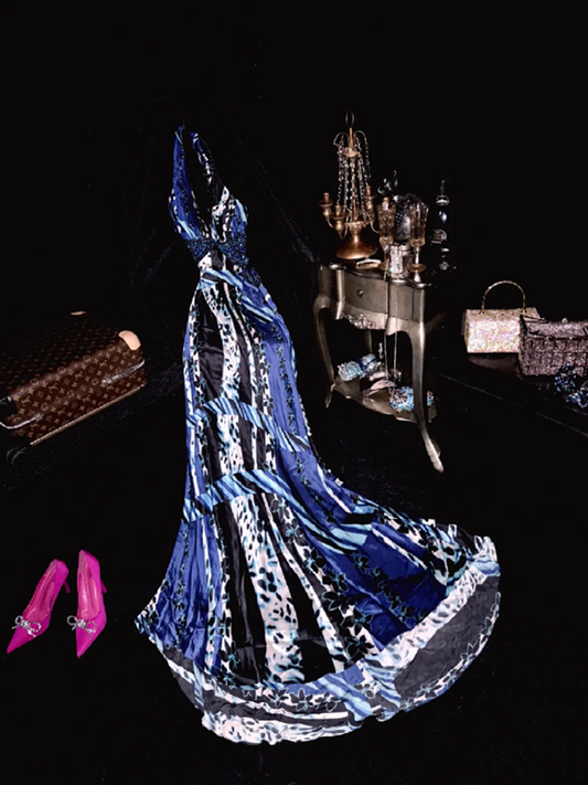 Blue halter neckline, sophisticated, fitted waist, elegant long ball gown R6947