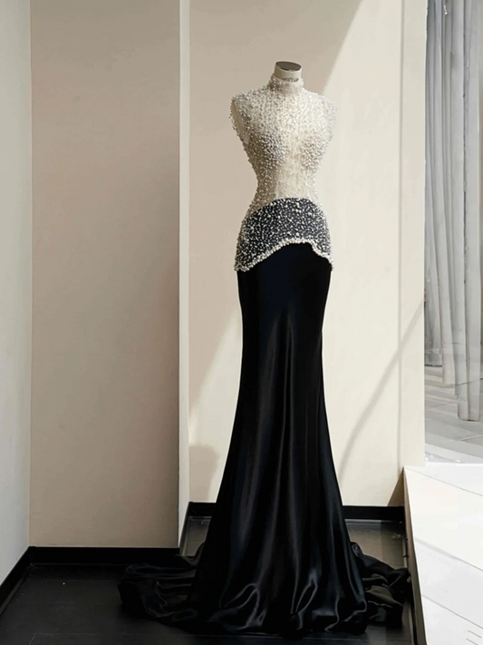 White beaded elegant waist slim fit hip long skirt, prom dress R5637