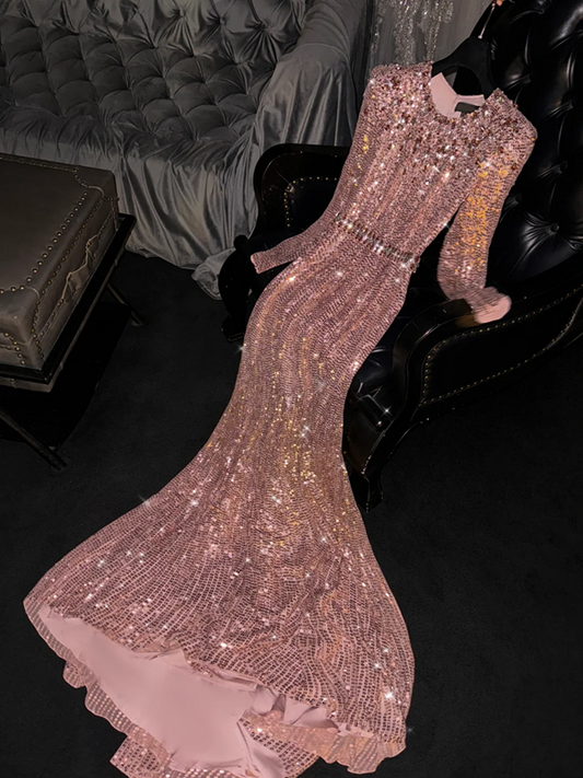 Rose gold sequined round neck fitted waist long ball gown, bridal dress R8784