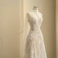 Apricot lace tube top slim waist A-line maxi skirt, prom dress R5673