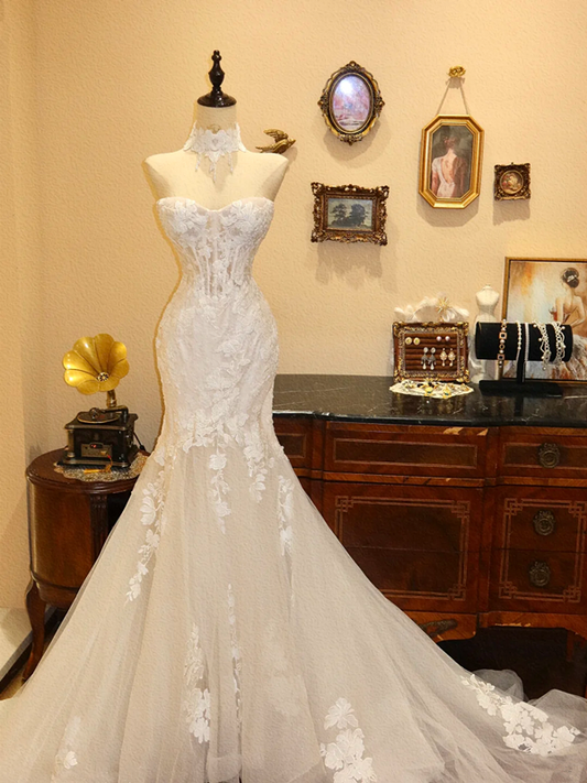 White lace strapless cinched waist slim-fitting mermaid skirt wedding dress R6588