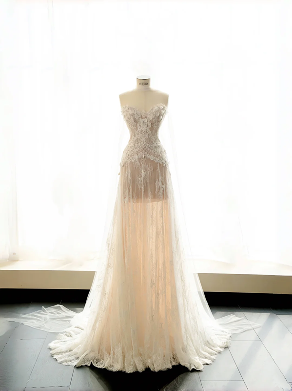 Apricot lace tube top slim waist A-line maxi skirt, prom dress R5673