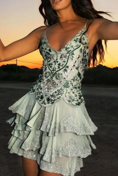 Embroidered Ruffled Applique Women's Homecoming Dress Green Corset Short Prom Dress Cocktail Dress RS2611