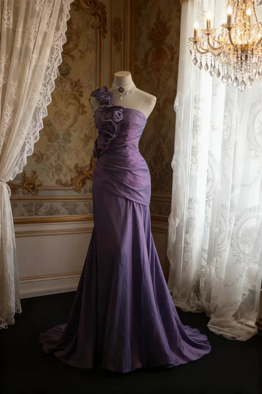 Purple one-shoulder 3D floral fitted long ball gown R6708