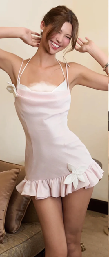 Pink suspender satin waist slim fit mini skirt homecoming dress R4406