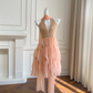 Pink halter neck V-neck waist slim short skirt homecoming dress R5197