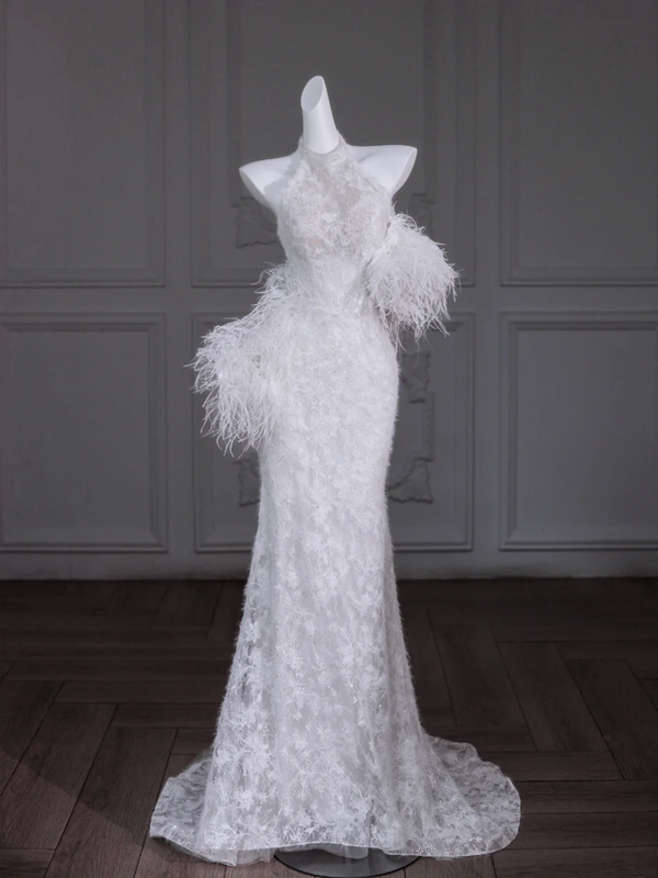 White halterneck lace waist slim long dress bridal gown R5831