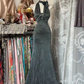 Grey halter neck, fitted waist, bodycon sexy long ball gown R7854