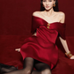 Red satin elegant design neckline waist slim fit high-end short skirt homecoming dress R4729