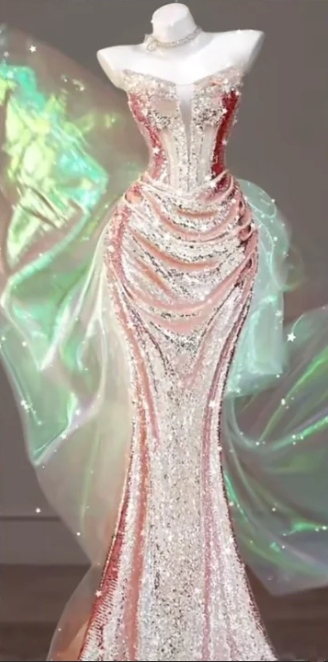 Pink strapless fishtail top, bodycon pleated skirt, long ball gown R6426