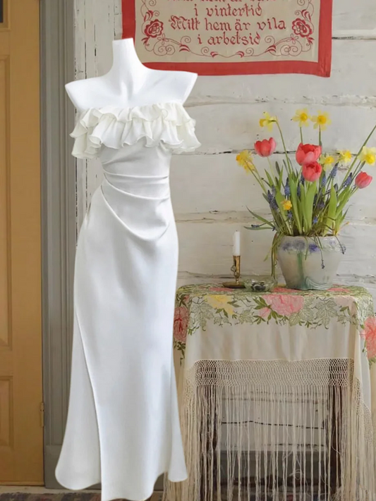 White ruffled neckline slim waist sexy maxi ball gown R6229