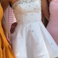 White tube top diamond waist slim A-line short skirt homecoming dress R5517