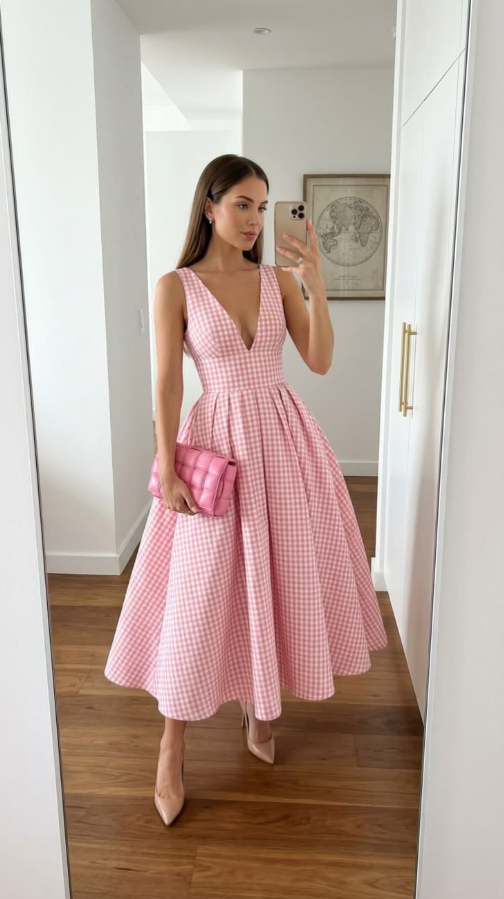 Plaid Sweet Puffy Corset Prom Gown , Pink Women's Maxi Evening Dress Party Dress RS2534