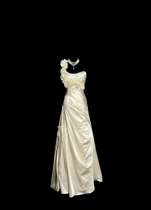 Apricot-colored one-shoulder 3D floral dress with a fitted waist and pleats, long ball gown R6668