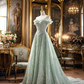 Light green off-the-shoulder waist-cinching slim-fit long elegant prom dress R7934