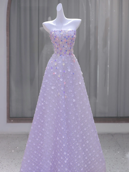 Purple Strapless Floral Waist Slim Fit A-Line Ball Gown Bridal Gown R5869